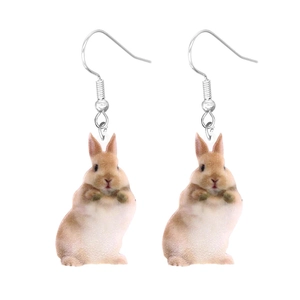 Detailed view of cute acrylic rabbit earrings with metal hooks on white background