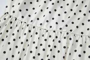 Detail of polka dot fabric featuring ruffled pleats and high-quality stitching texture