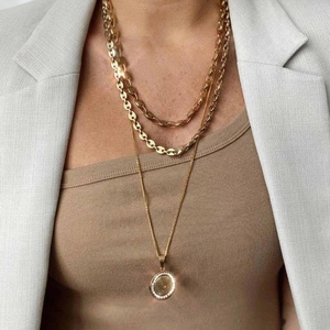 Three-layer 18K gold plated titanium steel necklace with sparkling zircon round pendant