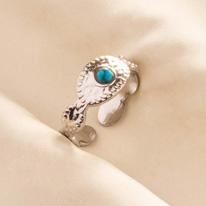 Detailed macro view of adjustable silver steel ring with blue turquoise stone inlay