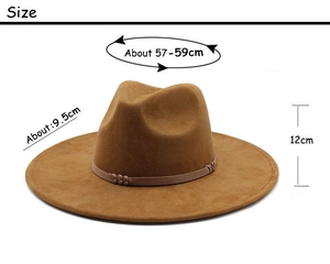 Detailed size guide of a caramel fedora hat with a flat brim and stitched leather band