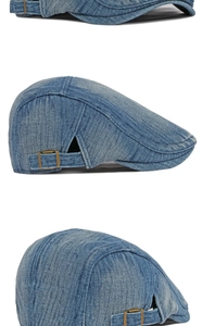 Dettaglio berretto piatto in denim blu con fibbia in ottone regolabile e trama