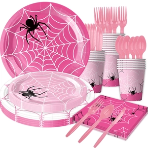 Pink Ghost Spider party tableware set with plates, cups, napkins, and cutlery on white