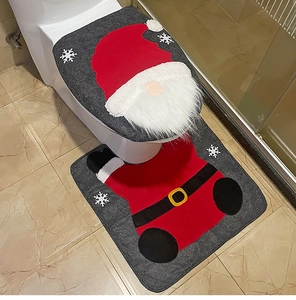 Close-up of Christmas gnome toilet seat cover and floor mat set for bathroom decor