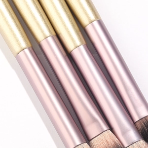 Detailed close-up of champagne gold eyeshadow brushes with soft dual-tone bristles