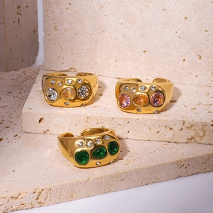 Retro Chunky Ring Stainless Steel 18K Gold Plated With Colorful Zircon Open Adjustable Lava Texture Unisex Jewelry
