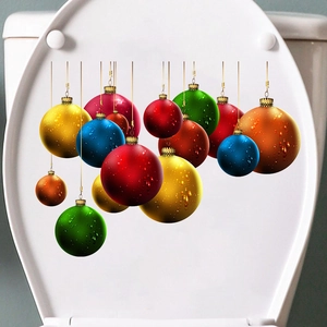Colorful Christmas ball toilet lid sticker with realistic water drop texture for bathroom decor