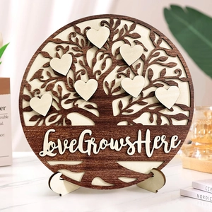 3D hollow wooden family tree ornament with Love Grows Here text and stand
