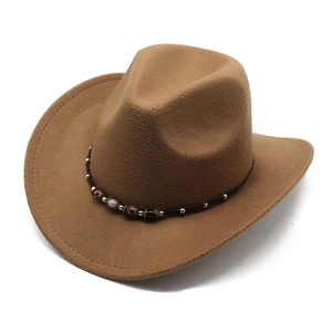 Detailed view of the woven beaded band and stitching on the brown felt cowboy hat