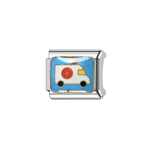 Italian charm link with ambulance enamel design on stainless steel base for DIY jewelry