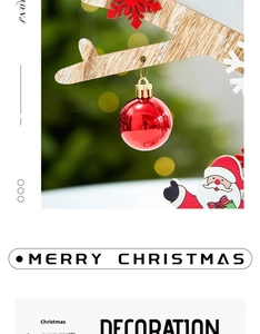 Close-up of wooden Christmas tree ornaments with Santa Claus and red snowflake detail