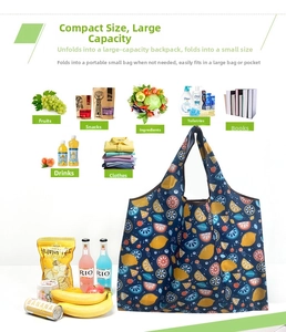 Deep blue foldable oxford bag with citrus print showing large capacity for groceries