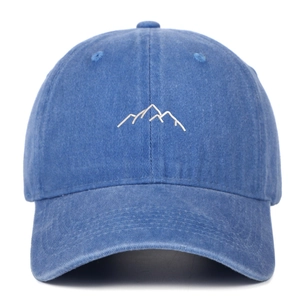 Blue washed cotton baseball cap with white mountain embroidery for outdoor hiking