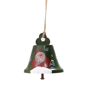 Hand-painted green Christmas bell ornament featuring Santa Claus and snowman motifs