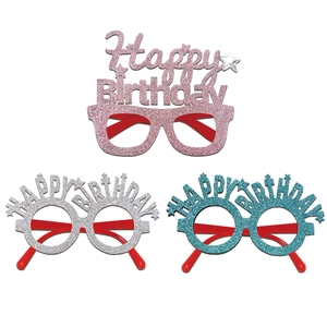 Three pairs of glitter Happy Birthday glasses in pink, silver, and blue for party decor