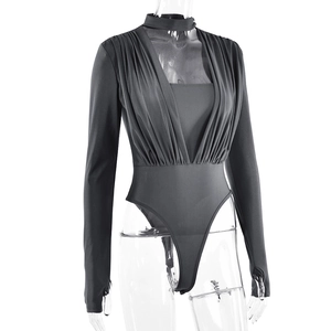 Detail of black V-neck long sleeve bodysuit with pleated texture and neck collar strap