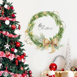 Christmas pine wreath wall sticker with Merry Christmas text and gold bow decoration