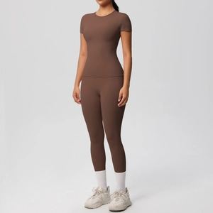 Brown high-waist yoga set featuring short-sleeve t-shirt and form-fitting leggings