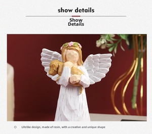 Detailed view of hand-carved wood-like resin angel figurine holding a puppy