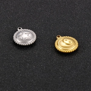 Polished silver star and golden moon stainless steel circular charms with beaded edges