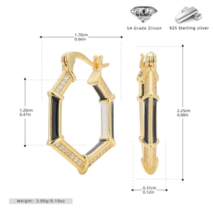 Detail showing 925 sterling silver hexagon earrings with 5A zircon and size specs