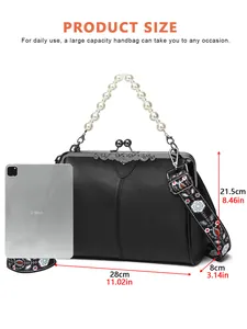 Size specifications of the handbag showing dimensions 28x21.5cm compared to a 12.9-inch tablet