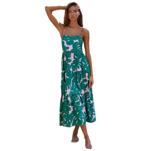 Green tropical leaf print spaghetti strap maxi dress with tiered A-line skirt