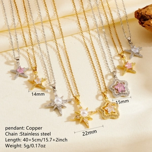 Star and snowflake pendant necklaces with zircons and pearls on gold and silver chains