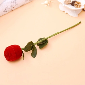 Creative red rose shaped ring box with green stem and velvet texture for engagement
