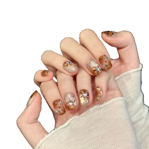Handmade brown gradient press-on nails with silver stars, rhinestones, and leopard print