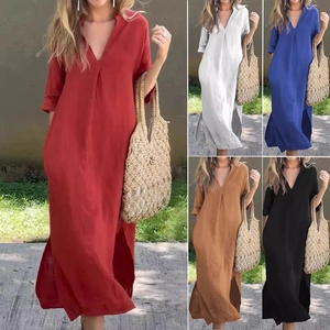 Women V-Neck Pleated 3/4 Sleeve Cotton Linen Midi Dress Casual Summer Retro Style Solid Color Side Split Dress With Pockets