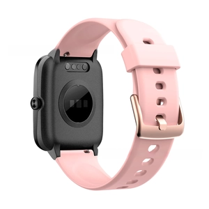 Detail view of pink silicone strap with heart rate sensor and magnetic charging ports