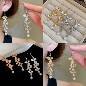 Elegant Flower Drop Earrings With 925 Sterling Silver Earring Post Brushed Metal Layered Petal Artificial Pearl Dangle For Women