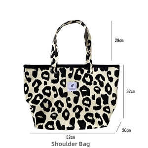 Detailed dimensions of the leopard print canvas tote bag with height and width labels