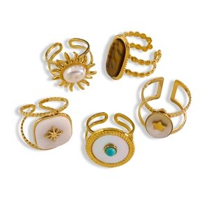 Five-piece set of 14K gold-plated open rings with shell and natural stone inlays
