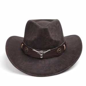 Vintage dark brown faux leather western cowboy hat with silver bull head emblem and wide brim
