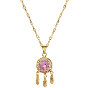 Golden dreamcatcher necklace with pink gemstone pendant and three feather charms