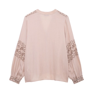 Pink V-neck long-sleeve blouse for women featuring intricate brown embroidery details