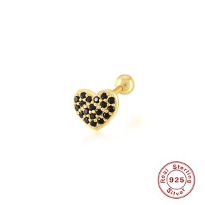 Macro shot of gold heart stud earring with black pavé crystals and real 925 silver stamp