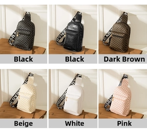 Detail showcasing six stylish crossbody bags in crocodile texture and checkerboard patterns