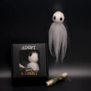 Handmade felt ghost doll gift set in black Adopt A Ghost box with aged paper scroll