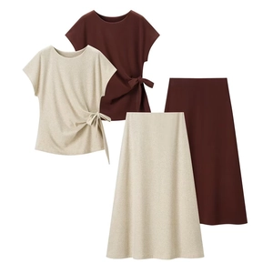 Women Soft Knitted Short Sleeve Side Tie Top And High Waist A-Line Midi Skirt Casual Vacation Streetwear