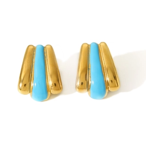 Detailed view of sky blue enamel inlay on 18k gold plated ribbed trapezoid earrings