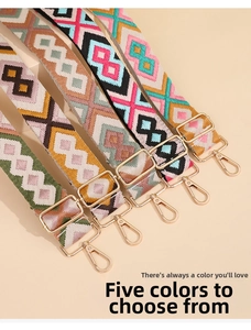 Detailed view of five adjustable ethnic style woven straps with gold metal hardware