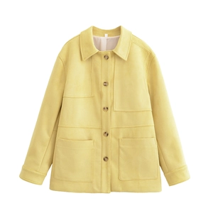 Chic yellow suede lapel jacket with utility pockets and button closure in a clean style