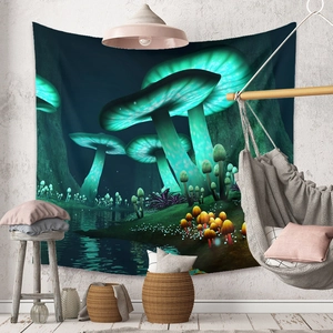 Bohemian mushroom forest tapestry for wall hanging in a cozy fantasy room interior