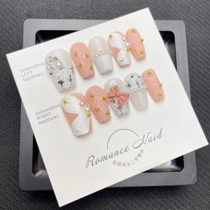 Handmade Press On Nails Pink White Tweed Texture With 3D Bow And Artificial Pearl Elegant Long Lasting False Nails For Women