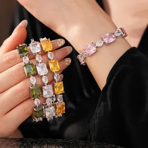 Elegant Copper Bracelet With Square Cubic Zirconia Geometric Pendant Light Luxury Fashion Jewelry For Women
