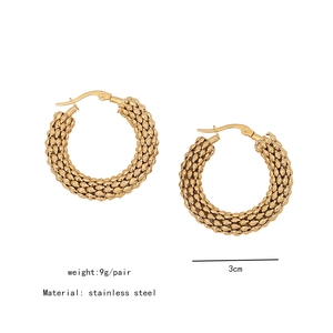 Detailed view of 3cm gold mesh textured stainless steel hoop earrings weighing 9g per pair