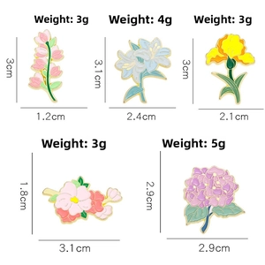 Detailed size and weight specifications for enamel floral pins set in white background